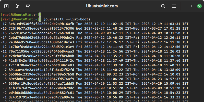 List Ubuntu Last Reboots