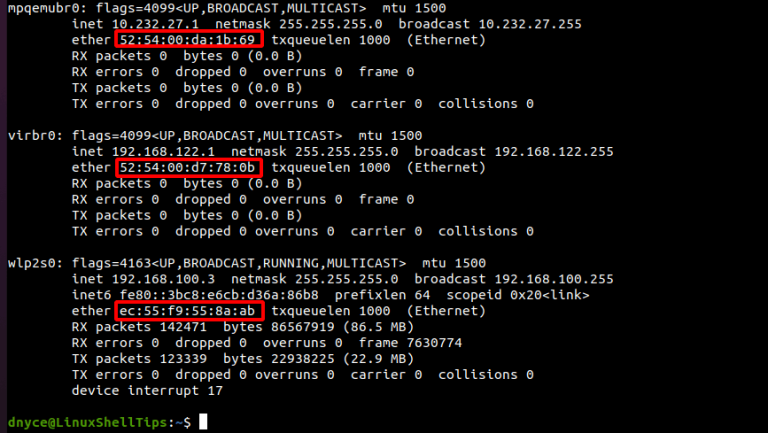 get mac address linux ip command